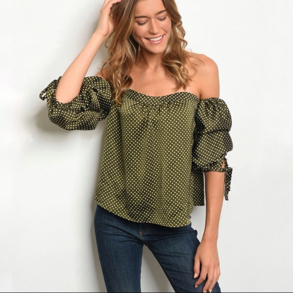 Olive Polka Dot Off Sleeve Top